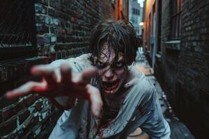 A frightening figure with disheveled hair and blood-stained clothes reaches out from a dark alleyway at dusk, creating an unsettling atmosphere in the urban environment photo