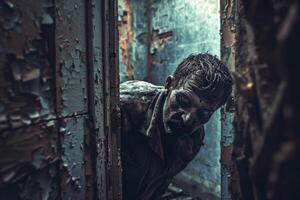 In a dimly lit, rundown corridor, a dirty and disheveled man looks out, embodying both fear and curiosity as he navigates the desolate surroundings of decay photo