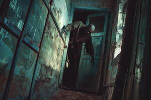 A haunting figure stands at the threshold of a decaying room, surrounded by eerie shadows and worn walls. The atmosphere is unsettling, evoking a sense of dread photo
