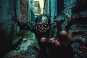 A terrifying zombie stumbles out of a narrow, dimly lit alley, its ghastly face illuminated by faint light as it reaches out with rotting hands in pursuit photo