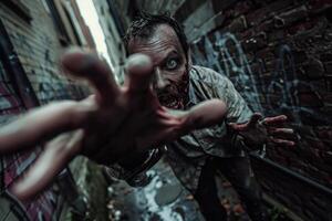 A disheveled zombie with intense eyes and a ghastly appearance stretches out its arm from a shadowy alley, creating a chilling atmosphere at night photo