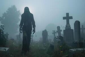 A shadowy figure meanders through a mist-laden graveyard as dusk settles, creating an unsettling atmosphere amid the tombstones photo