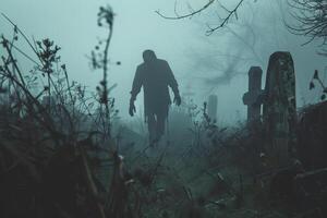 A shadowy figure meanders through a misty graveyard, silhouetted against the dense fog and old tombstones, creating an eerie atmosphere during twilight photo