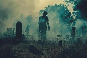 A lone figure moves through a fog-laden graveyard at dusk, surrounded by shadowy tombstones and an unsettling quiet, enhancing the eerie ambiance of the scene photo