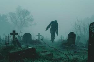 A cloaked figure glides through a misty graveyard at dusk, surrounded by crumbling headstones and twisted branches, creating a haunting atmosphere photo