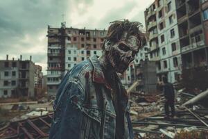 A ghastly zombie with a skeletal face and torn clothing wanders through an abandoned construction site filled with debris under ominous skies photo
