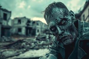 The zombie stands hauntingly in a deserted area, showcasing its decaying features and eerie expression against a backdrop of ruined buildings under a cloudy sky photo