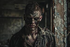 A figure with a weathered, haunting appearance looms in a dilapidated building. The eerie atmosphere contrasts with the strength of survival amidst decay photo