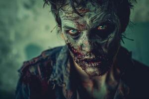 The eerie figure of a zombie with decayed features and bloody scars stares intensely, revealing its menacing nature in a dark, forsaken space illuminated by soft light photo
