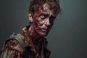 A haunting figure stands in grim attire, with contorted features and bloodied skin, capturing the essence of a zombie horror character in a chilling manner photo