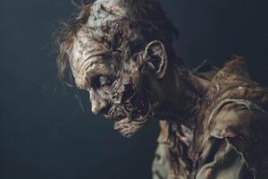 A hauntingly lifelike zombie figure stands in a shadowy environment, showcasing intricate details of decay and horror, evoking a chilling sense of fear photo