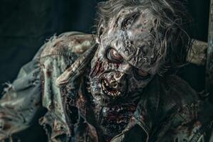 A menacing zombie is depicted with decayed skin and a grim expression. The character wears a shabby outfit, adding to the eerie atmosphere of the setting photo