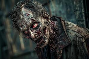 A decaying zombie stares menacingly with blank eyes, its skin weathered and torn, surrounded by a desolate urban landscape at twilight, evoking horror and unease photo