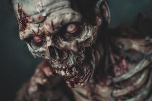A close-up view reveals a lifelike zombie model with intricately detailed bones and bloodied skin, positioned in a low-lit atmosphere that enhances its eerie appearance photo