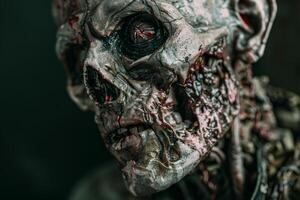 A close-up of a robotic skull, revealing its intricate design with mechanical parts, textures, and a haunting expression, illuminated in muted tones photo