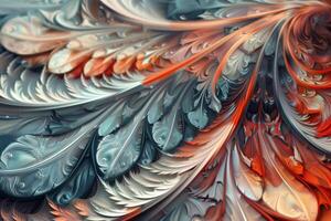 The artwork showcases a mesmerizing pattern of swirling feathers, blending warm and cool colors. The intricate details and fluid shapes create a captivating visual experience photo