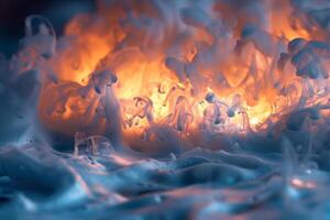 Bright flames flicker amidst billowing smoke, creating a stunning visual as heat and light dance together in a captivating nighttime environment photo