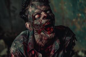 A gruesome zombie with blood and decay is depicted in an abandoned space, showcasing a chilling atmosphere filled with horror and suspense. The eerie detail captivates the viewer photo
