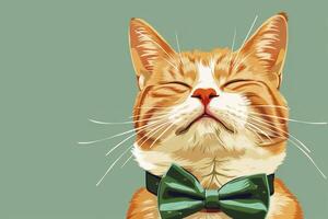 A cat with a green bow tie is smiling photo