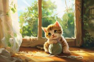 A cute kitten is sitting on a wooden floor with a ball of yarn in its paws photo