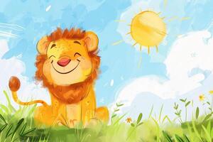 A cartoon lion is sitting in a field of grass, smiling and enjoying the sunshine photo