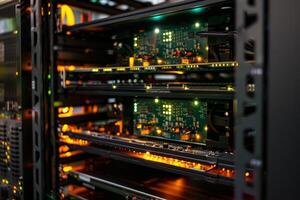 A row of computer servers with glowing lights on them photo