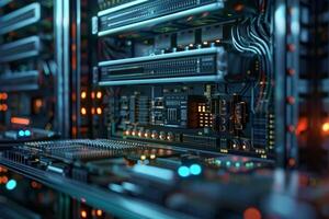 A computer server with many wires and lights photo