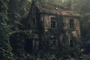 A house covered in vines and moss photo