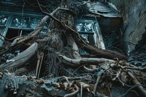 A tree with roots growing out of a building photo
