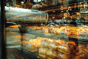 A bakery display case with a variety of pastries and doughnuts photo