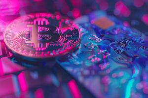 Bitcoin and credit card on a keyboard photo