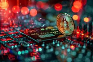 A coin is on top of a computer chip photo