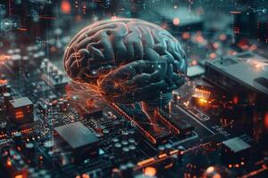 A brain is shown on a computer chip photo