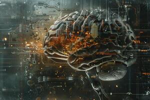 A brain is shown in a computer generated image with a city in the background photo