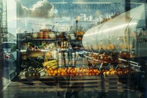 A window display of fruit and vegetables with a truck in the background photo