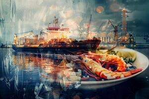 A plate of shrimp is on a table next to a large ship photo