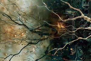 The image is a colorful abstract painting of computer circuitry and wires photo