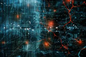 A computer generated image of a city with a blue background and red photo