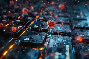 A computer keyboard with a red bug on it photo