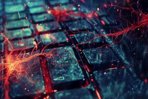 A close up of a keyboard with red and blue sparks photo