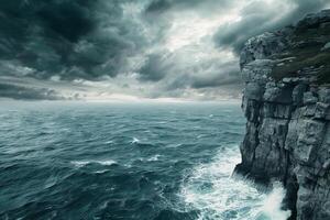 A rocky cliff with a dark sky above it photo