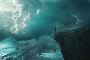 A man standing on the edge of a cliff overlooking the ocean photo