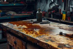 A messy workbench with a bottle of oil on it photo