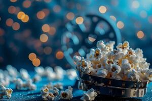A bowl of popcorn is on a table with a film reel in the background photo