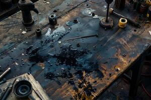 A table with a lot of tools and a lot of oil on it photo
