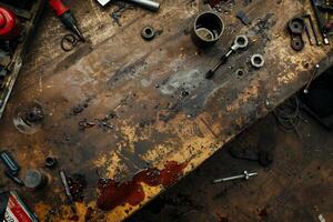 A table with tools and a red substance on it photo