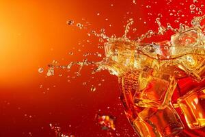 A splash of orange soda with ice cubes photo
