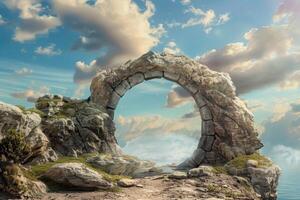 An archway on a rocky hill with clouds in the sky photo