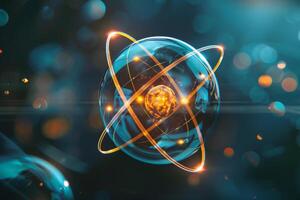 An abstract image of an atom with glowing lights photo