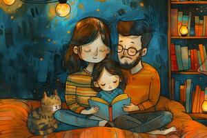 A family reading a book in front of a bookcase photo